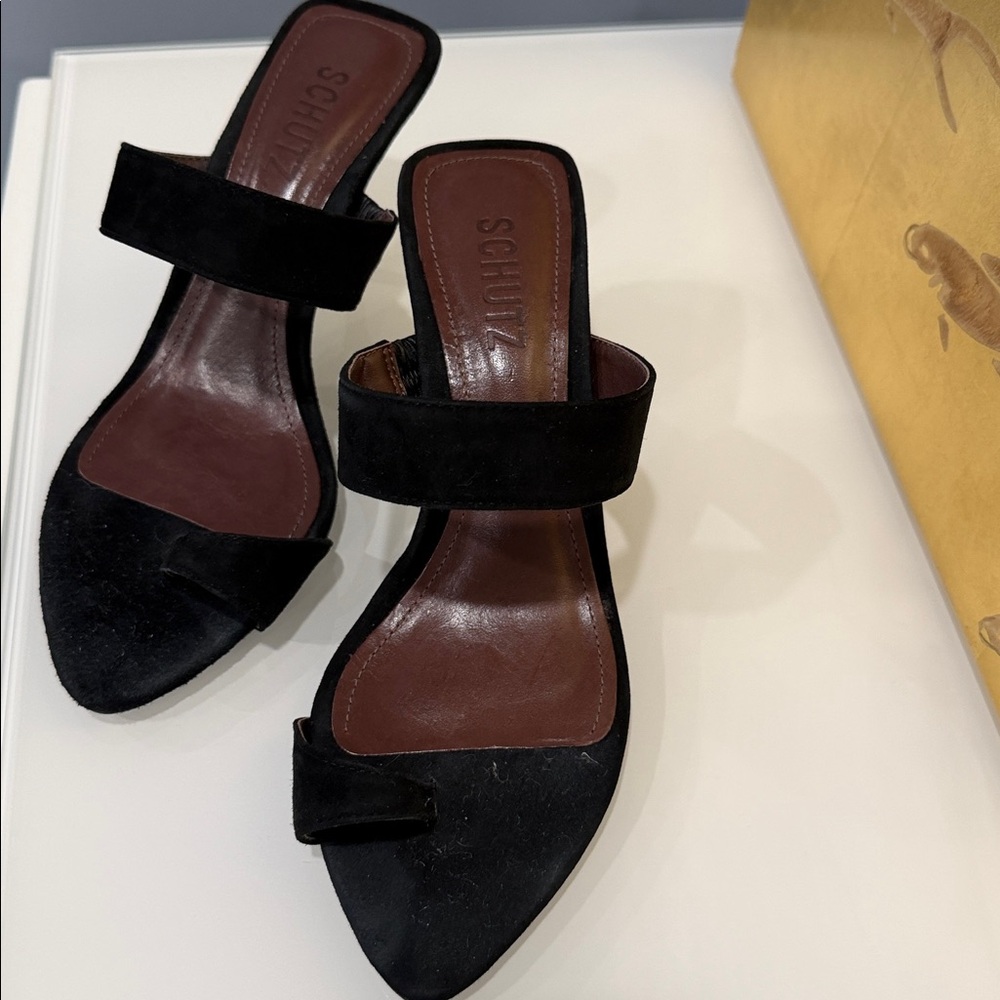 SCHUTZ Black Suede Heeled Mules